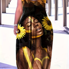  Women's Figure Print Round Neck Maxi Dress