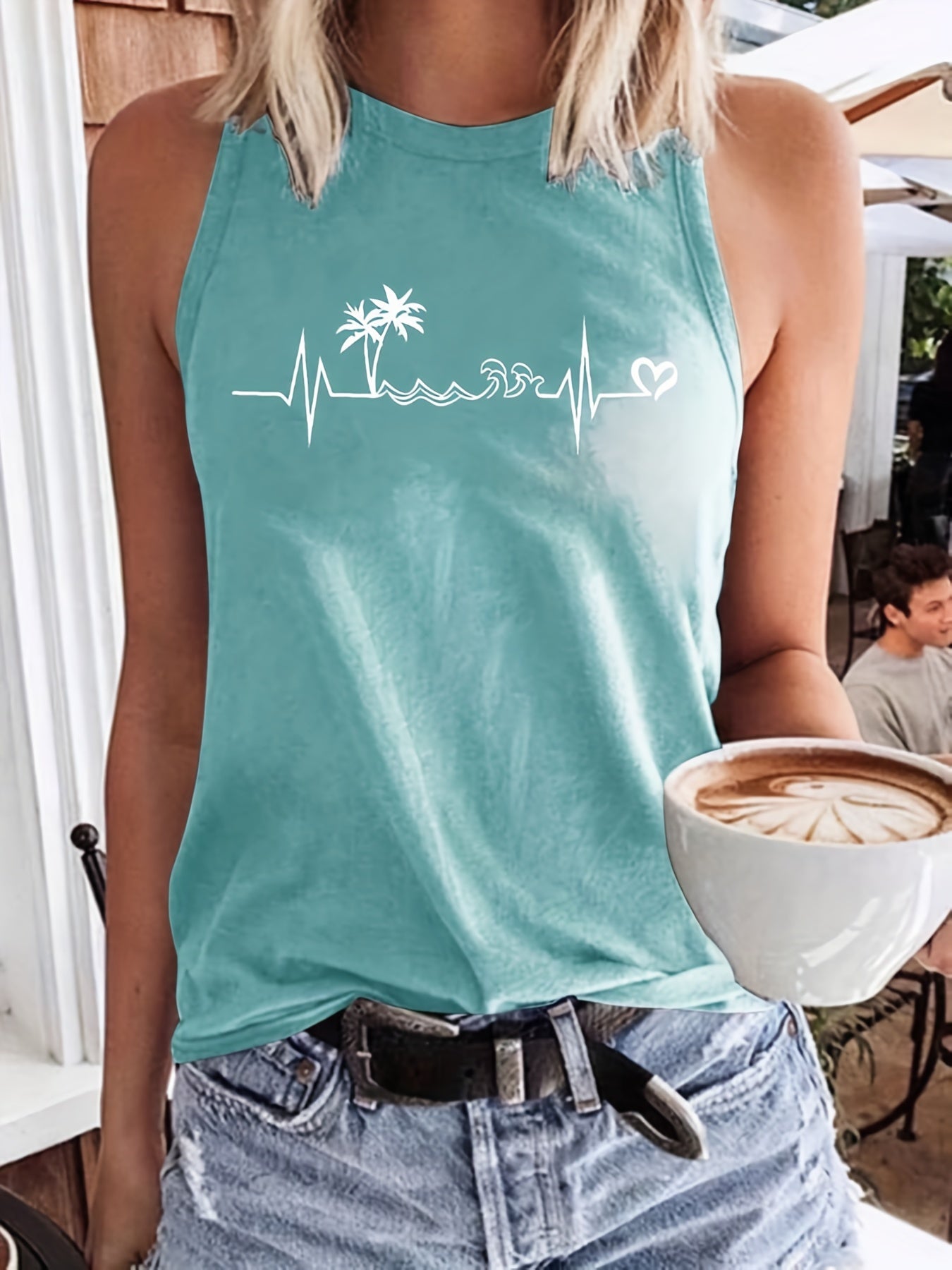 Coconut Tree Print Tank Top Crew Neck Sleeveless Casual