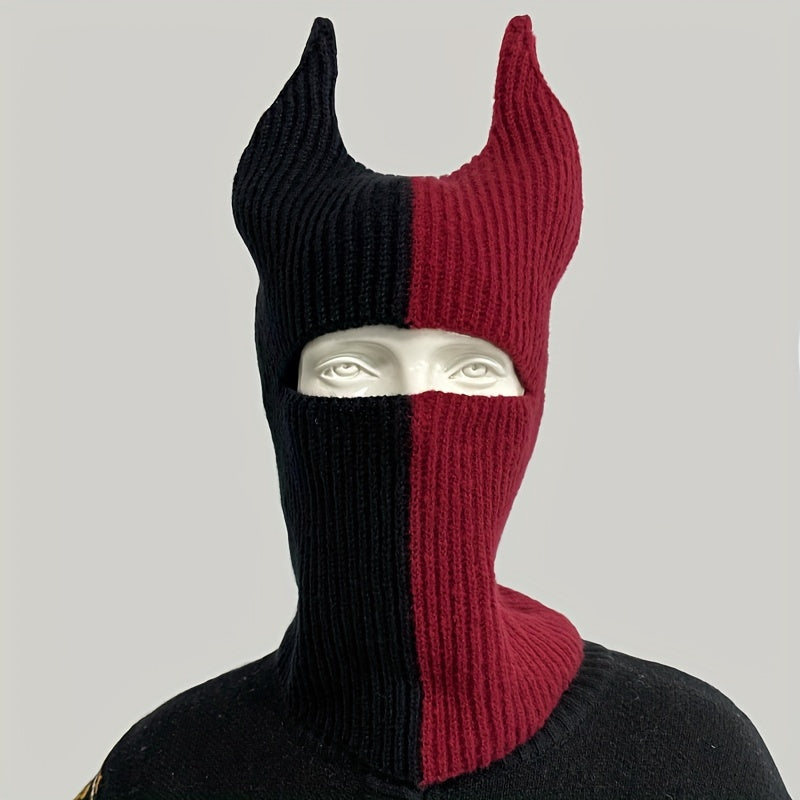Knit Two Tone Horned Beanie Face Mask Funky Novelty Cold proof