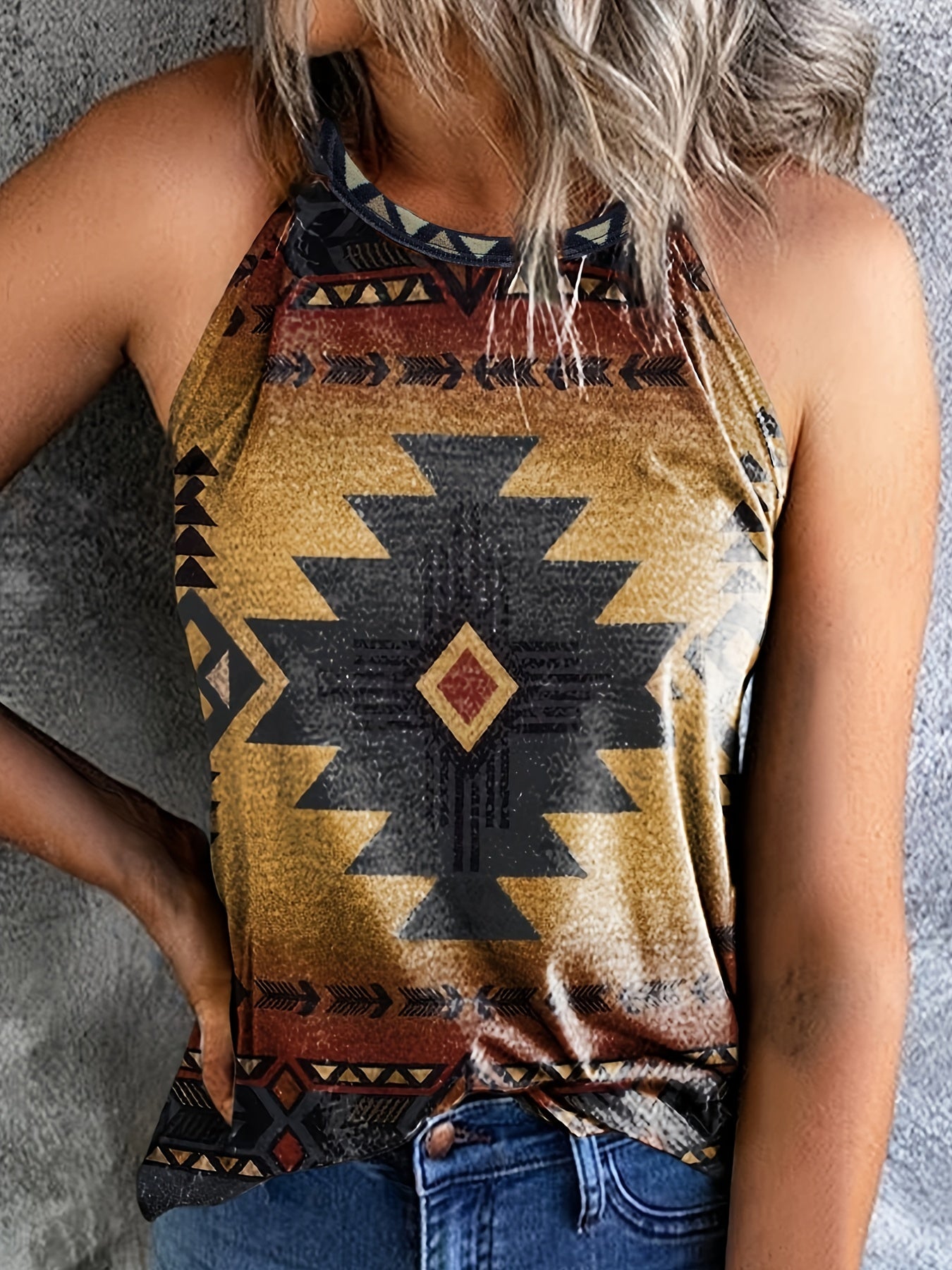  Southwestern Print Tank Top Round Neck Casual Slight Stretch