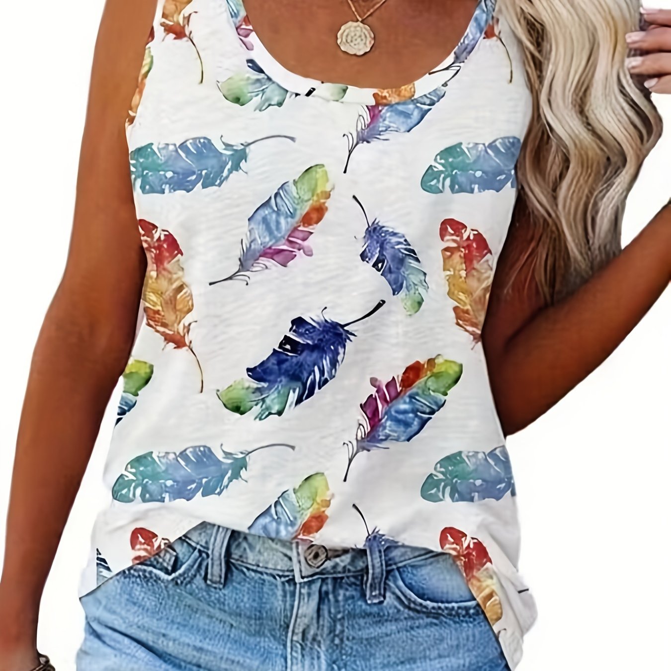 Feather Print Loose Tank Top Sleeveless Summer Women's Clothing