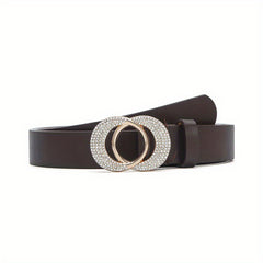 Artificial Diamond Double Round Buckle Leather Belt