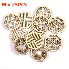 25pcs Mixed Hollow Wooden Cutouts DIY Craft Octagonal & Hexagonal Shapes