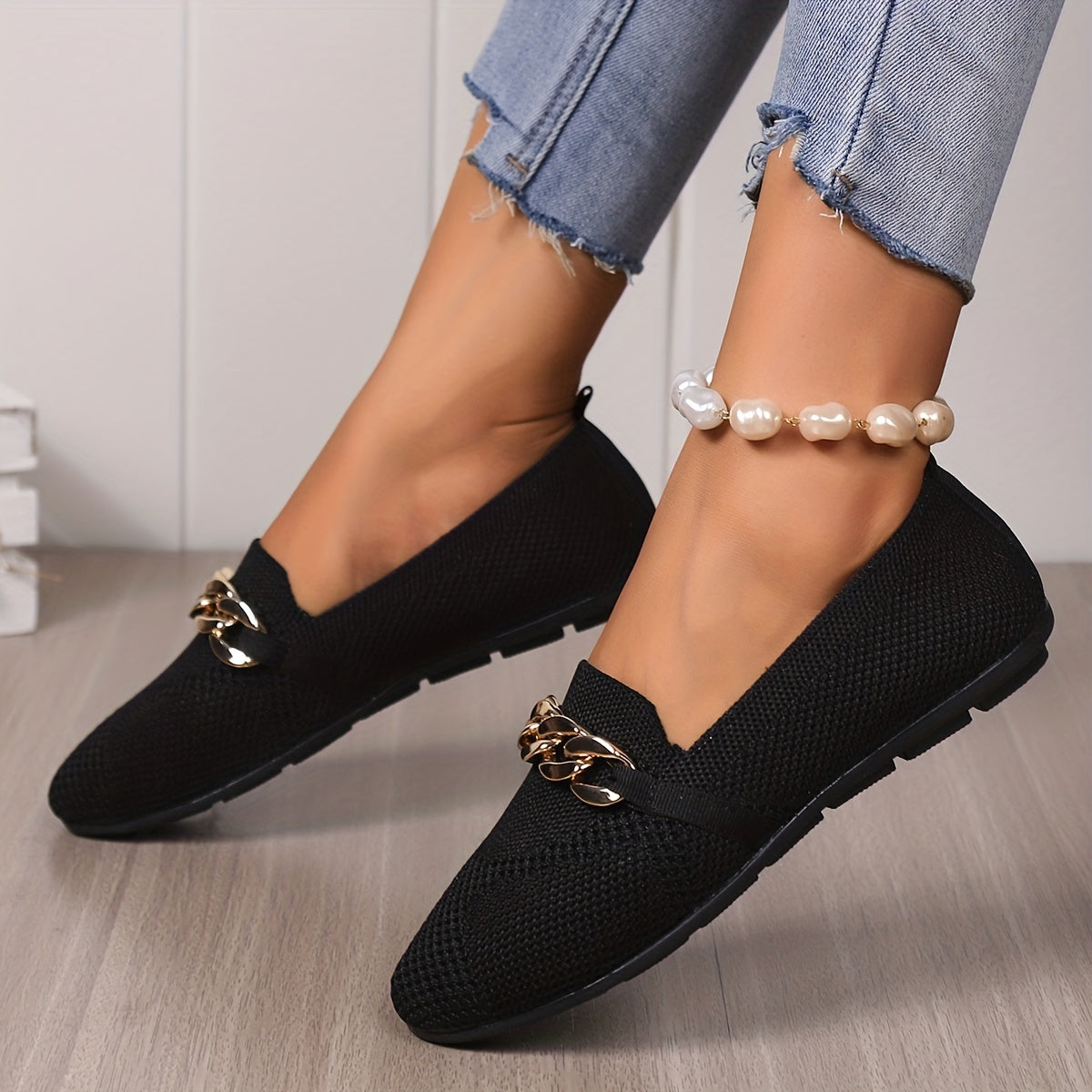 Women's Knitted Flat Loafers with Chain Decor Soft Sole Slip On Shoes