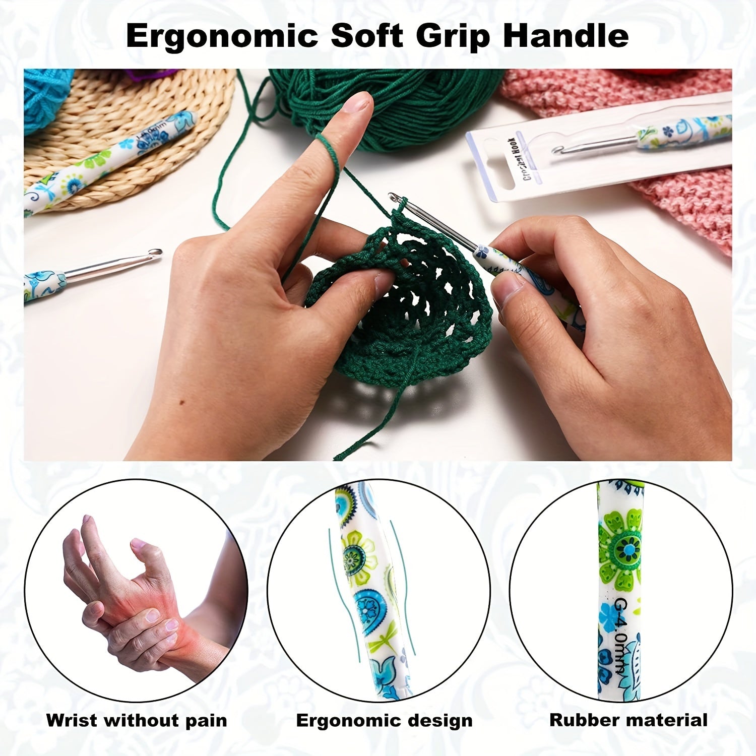 1pcs Floral Printed Crochet Hook 2 25mm B 10mm N Ergonomic Soft Grip Handle