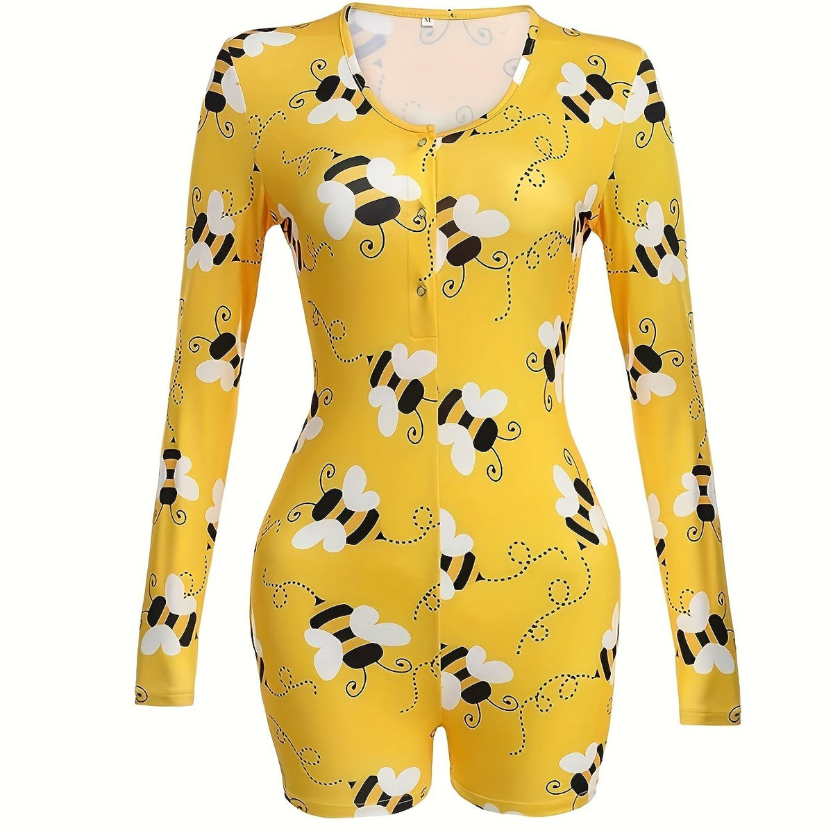Bee Print Lounge Romper Long Sleeve V Neck Buttons Romper Women's Loungewear