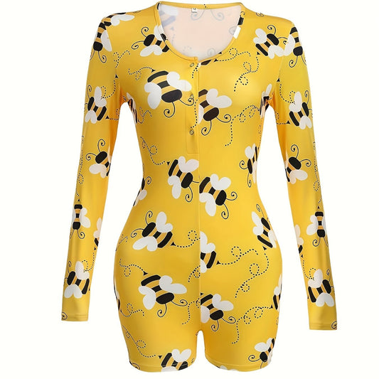 Bee Print Lounge Romper Long Sleeve V Neck Buttons Romper Women's Loungewear
