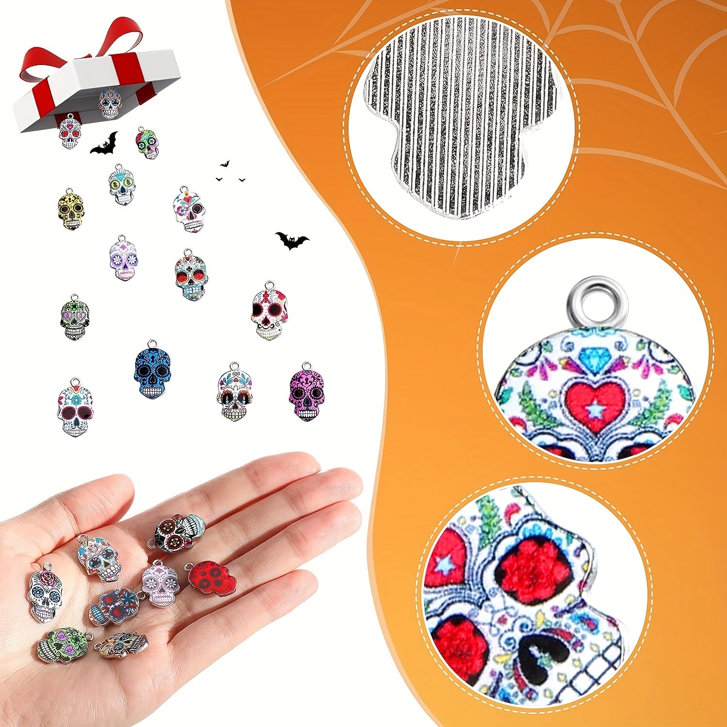80pcs Halloween Skull Charms Dead Flower Enamel Skull Pendants Alloy Charms