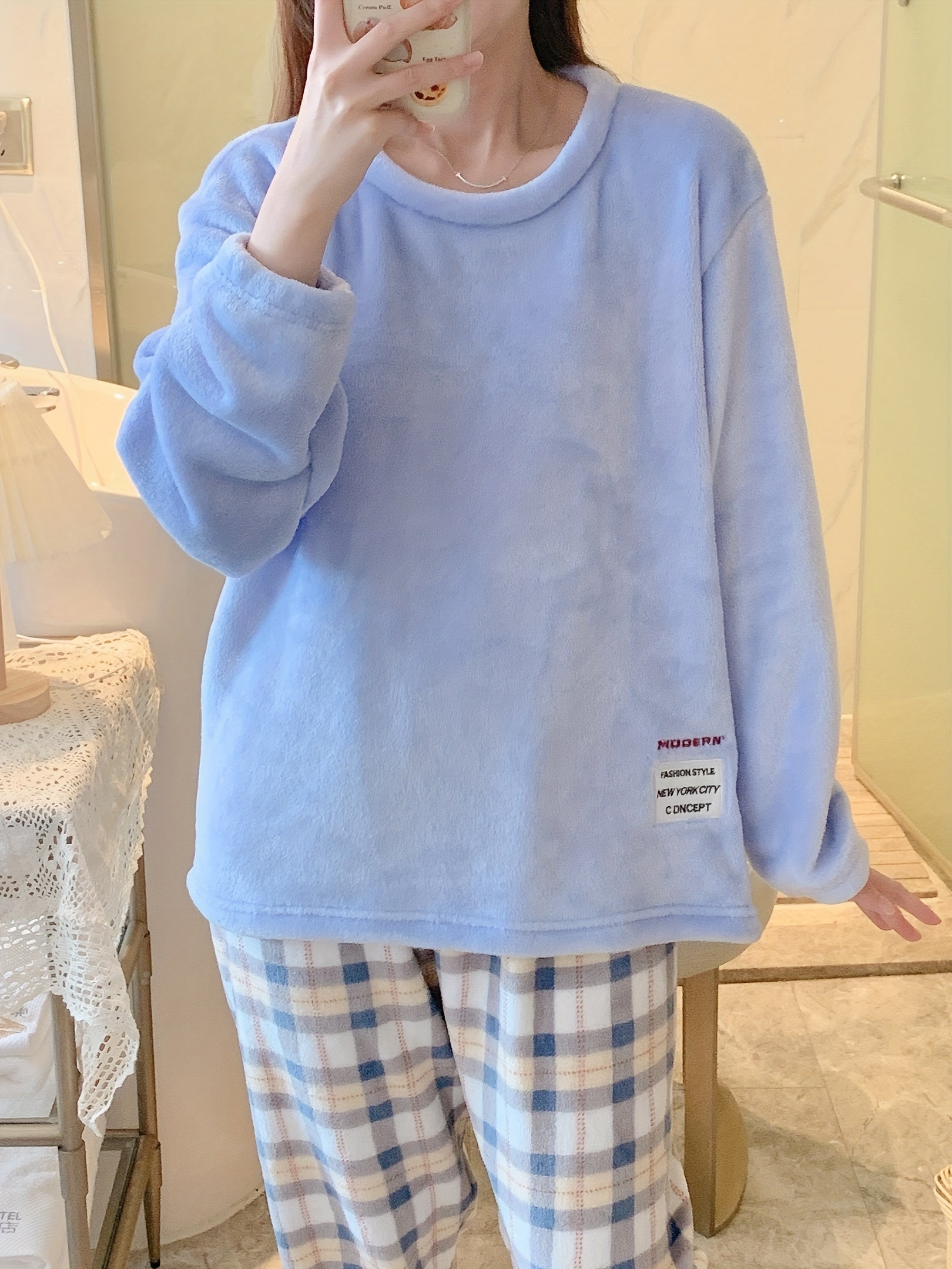 Plaid Print Fuzzy Pajama Set Long Sleeve Crew Neck Top & Elastic Waistband Pants