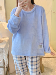 Plaid Print Fuzzy Pajama Set Long Sleeve Crew Neck Top & Elastic Waistband Pants