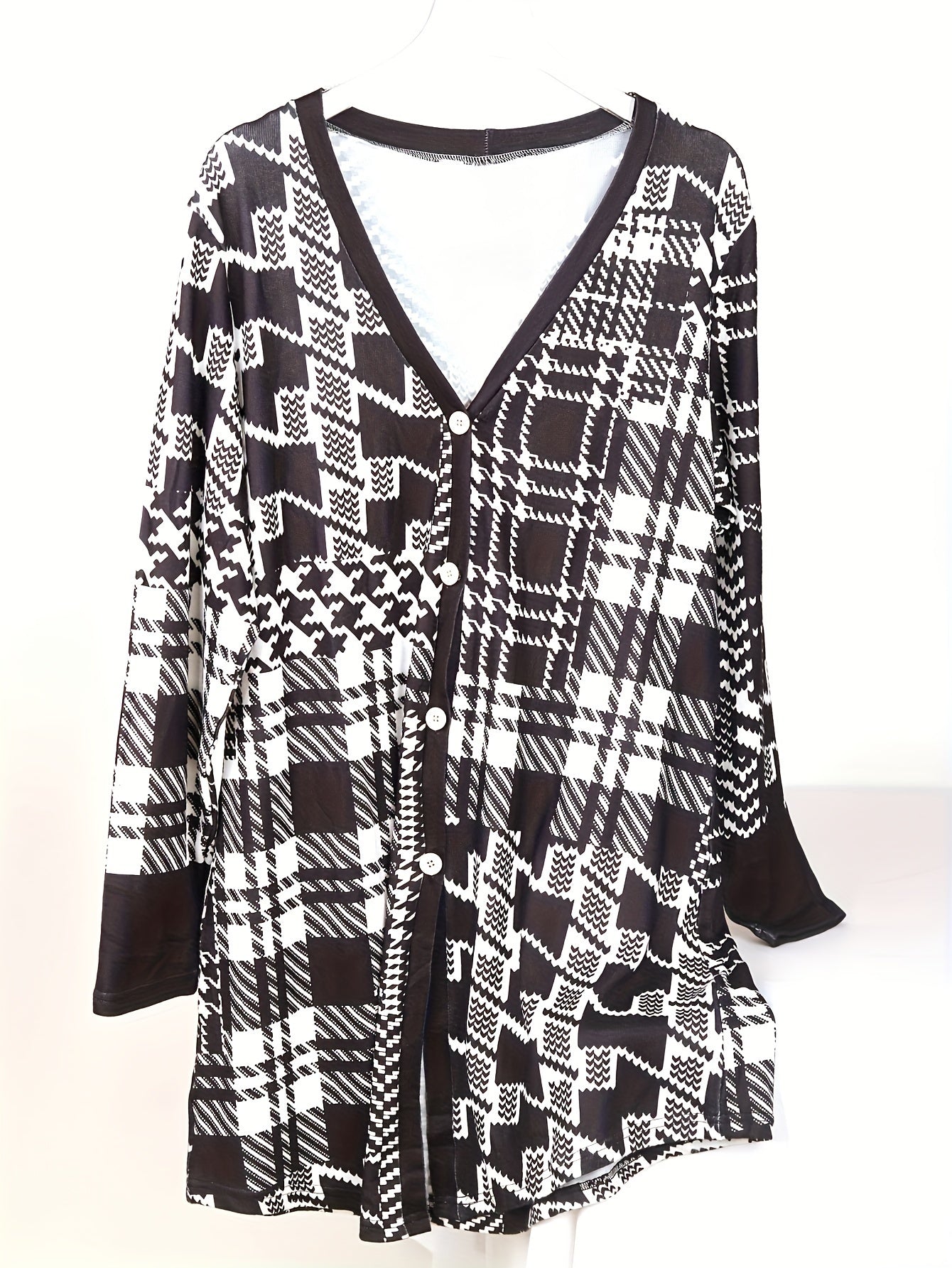  Geometric Print Cardigan Long Sleeve Button Up