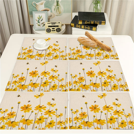 Yellow Flower Bee Placemat 16.53x12.5 Linen Scene Decor