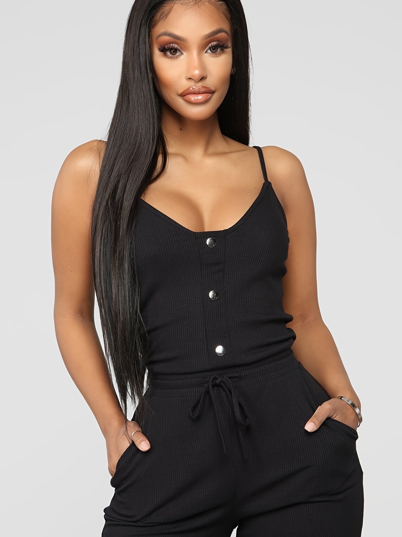 Sexy Spaghetti Jumpsuit Drawstring Solid Long Length