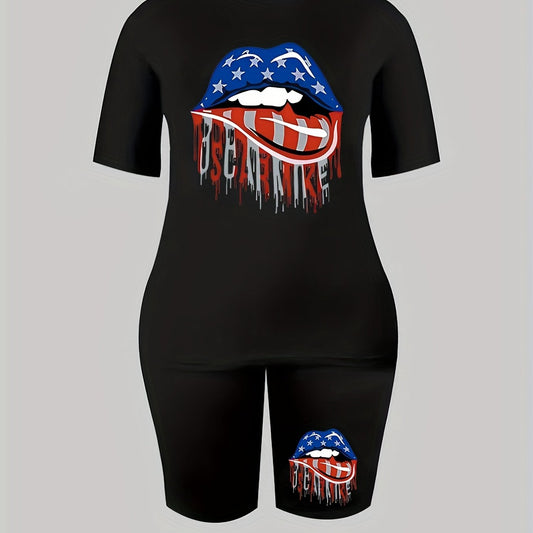 Women's Plus Flag Lip Print Crew Neck Short Sleeve Top & Shorts Outfit Set