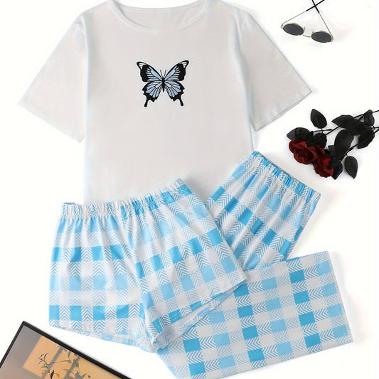  Butterfly Print Tee & Plaid Shorts Set