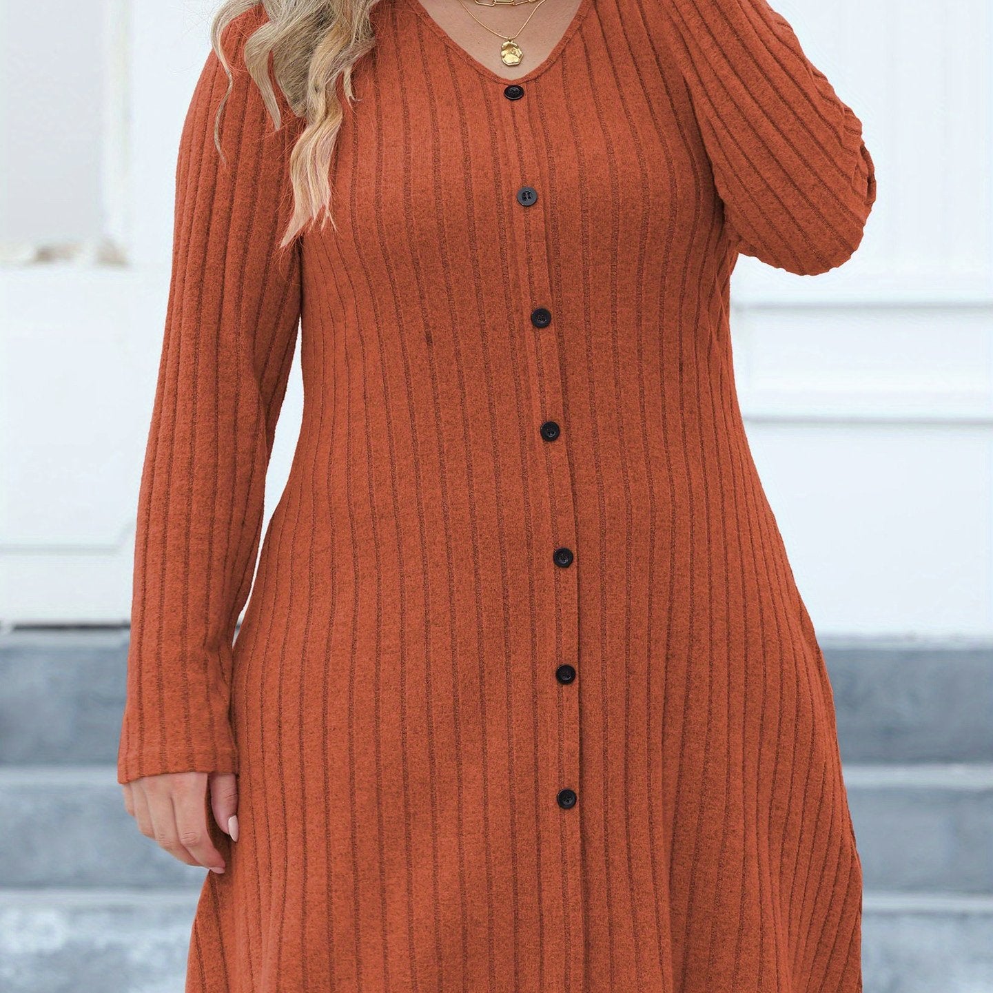  Solid Ribbed Button Long Sleeve V-Neck Mini Dress