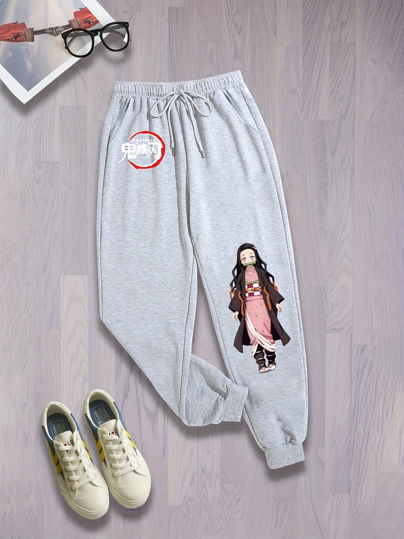 Anime Print Drawstring Sweatpants Plus Size Women's Slight Stretch Loose Fit