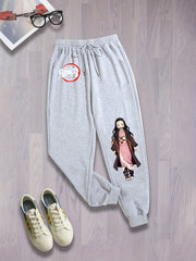 Anime Print Drawstring Sweatpants Plus Size Women's Slight Stretch Loose Fit
