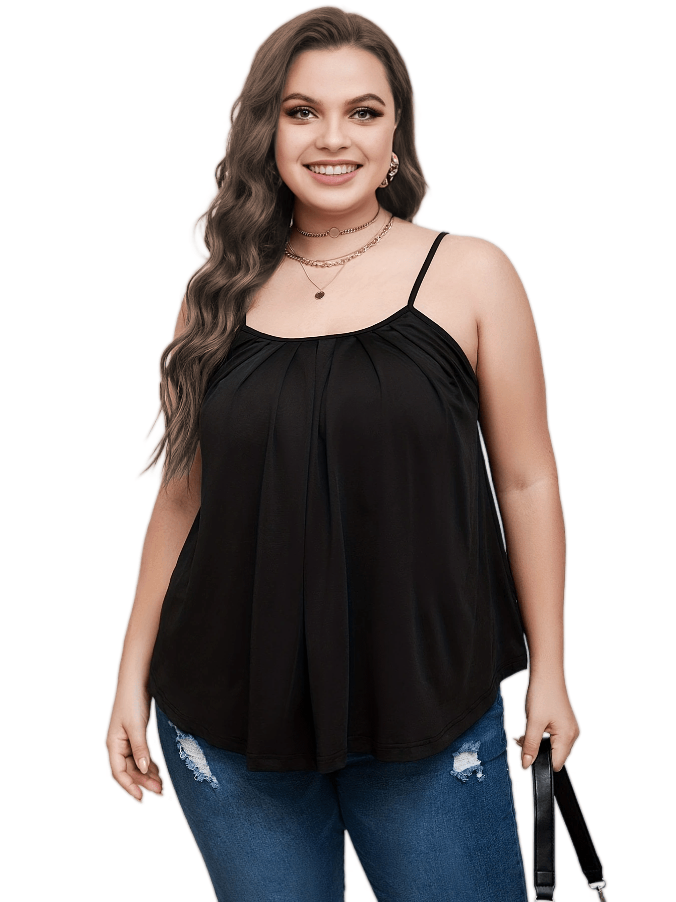  Casual Cami Top Women's Plus Plain Ruched Round Neck Medium Stretch