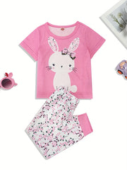 Toddler Girls Pajamas Set Cartoon Print Short Sleeve Top & Matching Pants