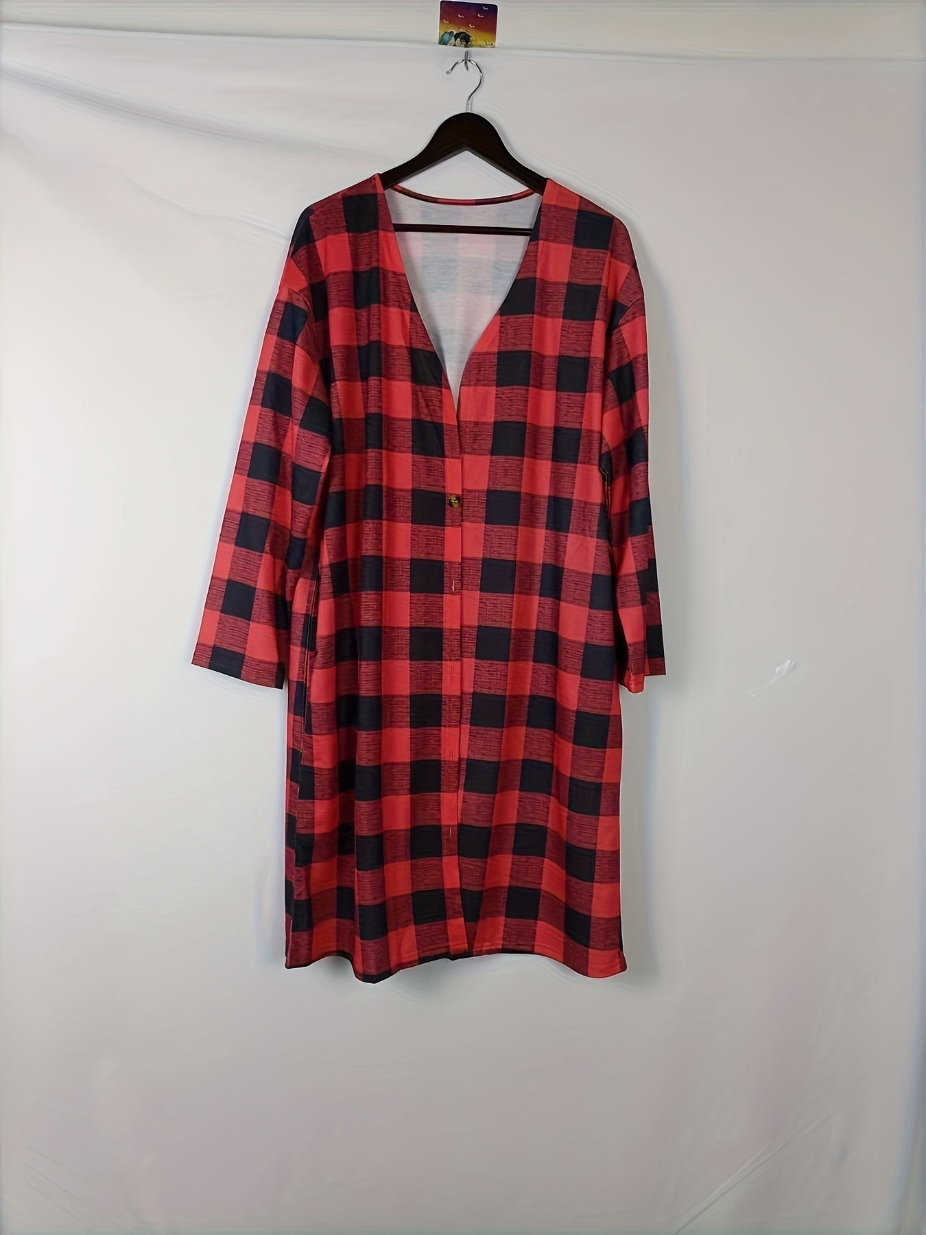  Gingham Print Button-Up Cardigan