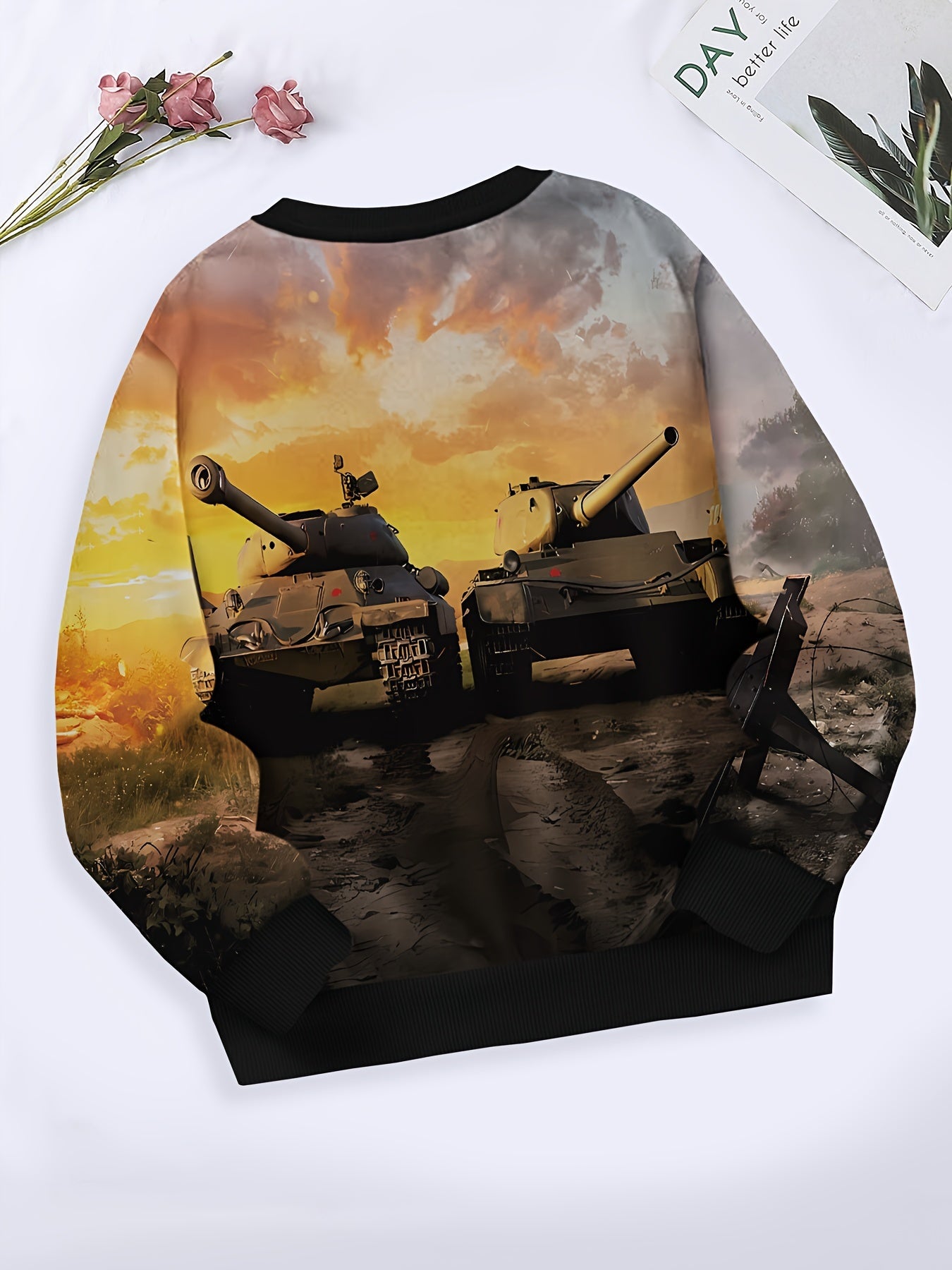 Girls Boys Sunset Tank Pattern Long Sleeve Crew Neck Sweatshirt