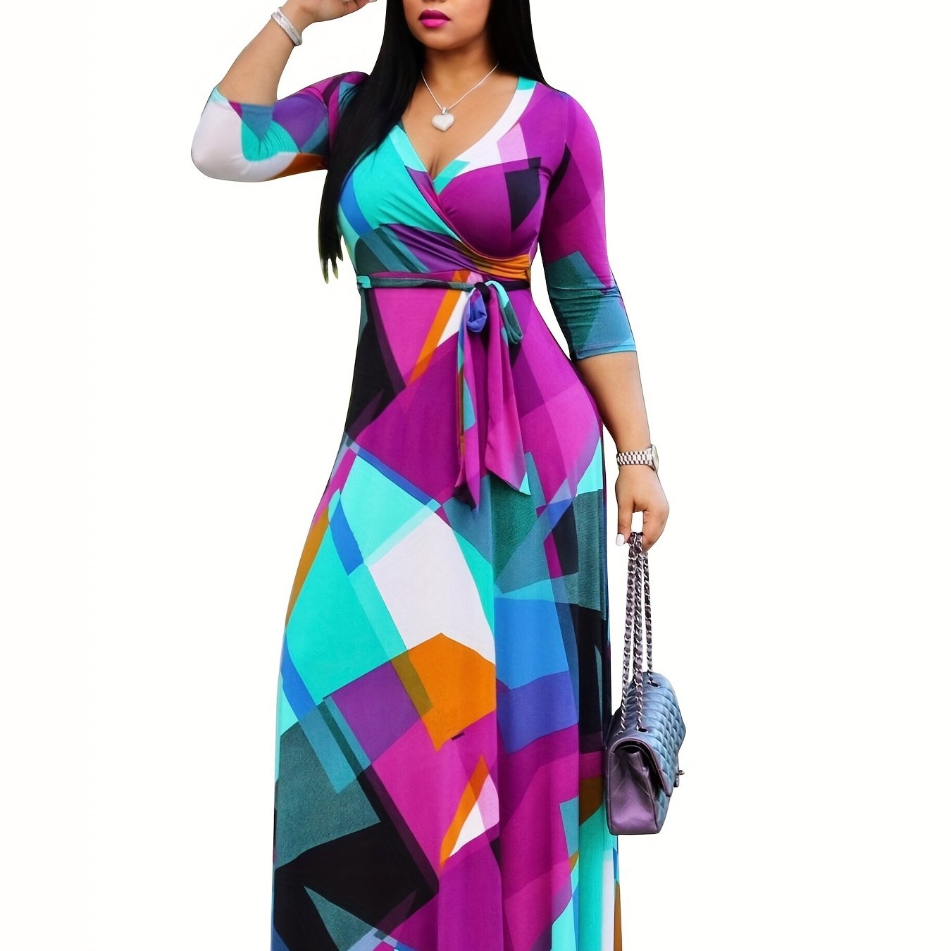  Geometric Print Surplice Neck Maxi Dress