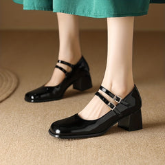 Chunky Heeled Mary Jane Square Toe Double Buckle Strap Mid Heels Patent Leather