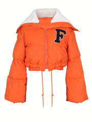Puffy Warm Coat Zip Front Drawstring Long Sleeve Crop Jacket
