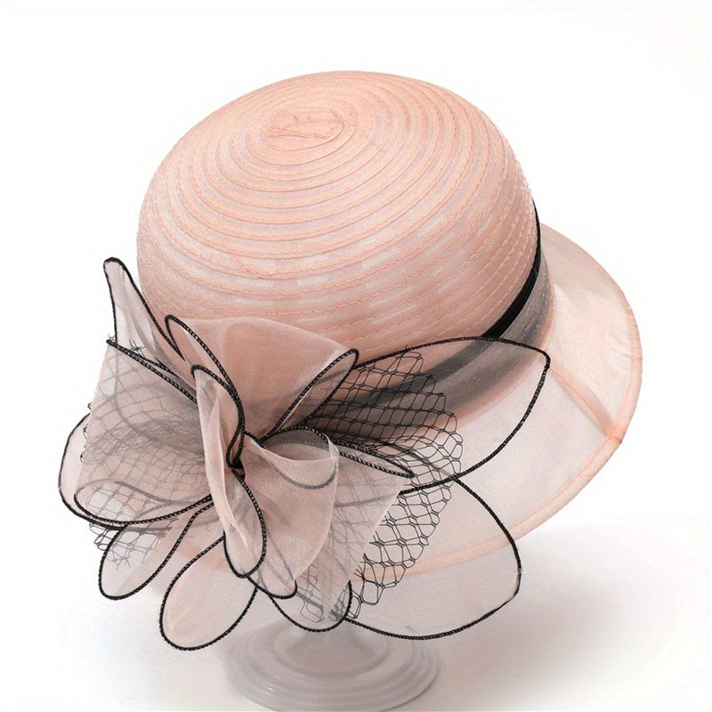 French Style Organza Bucket Hat Flower Decor Stitching Thin Basin Hat
