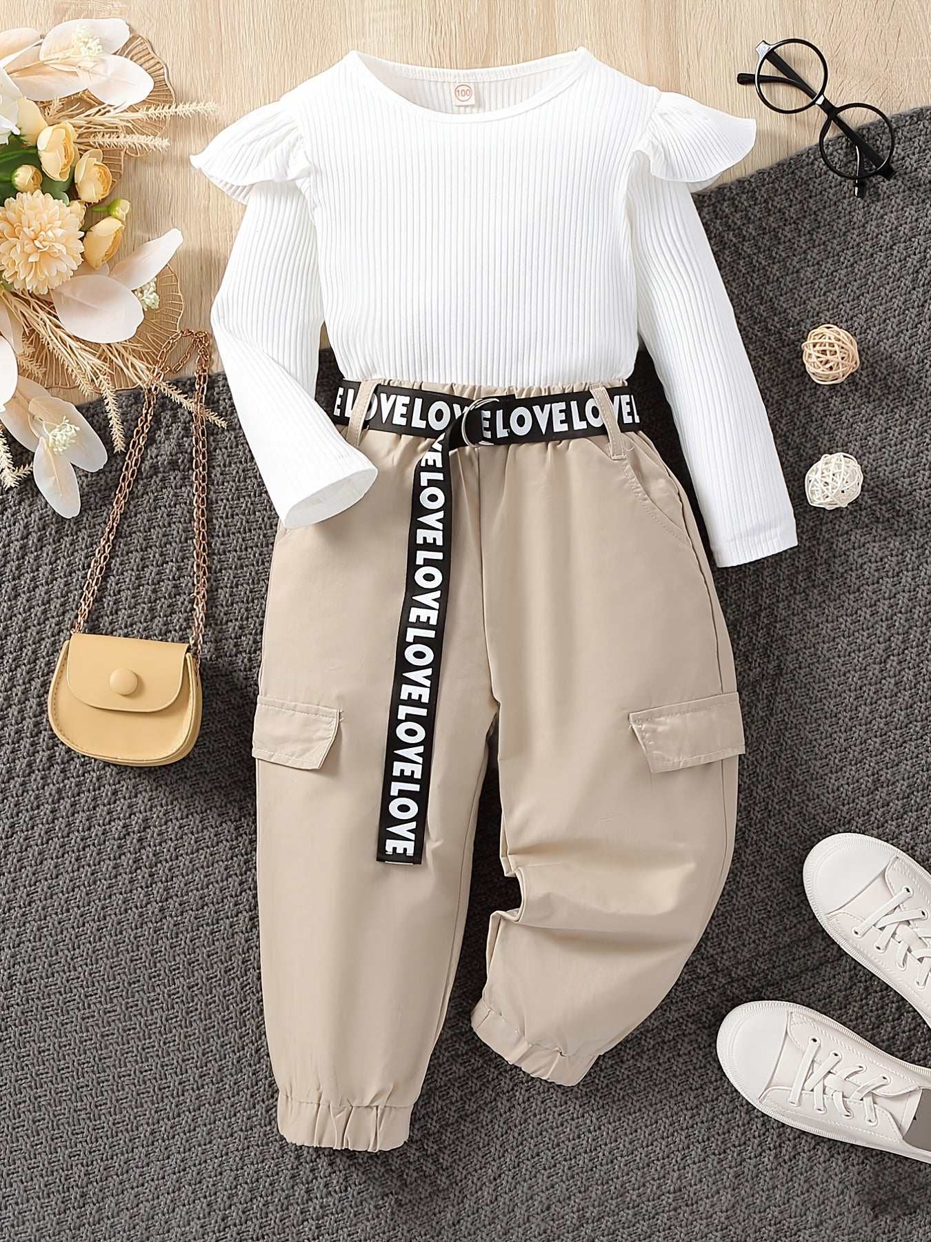 2pc Baby Girls Ruffle Knit Top & Cargo Pant Set