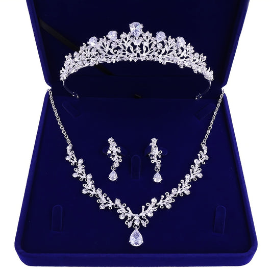 Crystal Leaf Bridal Jewelry Sets Rhinestone Crown Tiaras Necklace Earrings Set