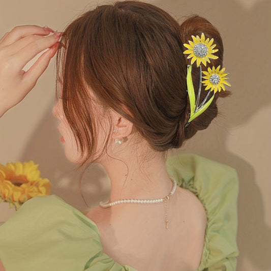 Sun Flower Rhinestone Hair Claw Back Head Clip Sense Shark Claw Flower Headwear
