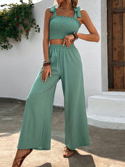 Casual Shirred Crop Tank Top & Wide Leg Pants Set