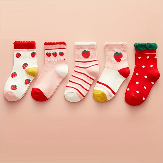 5pairs Girls Sweat Cartoon Strawberry Dot Stripe Pattern Lace Crew Socks