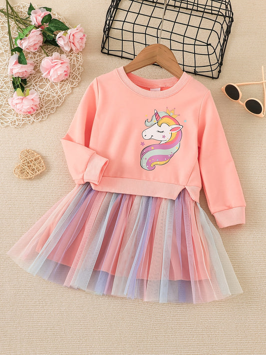 Toddler Girls Unicorn Graphic Mesh Spliced Dress Kids Party Clothes