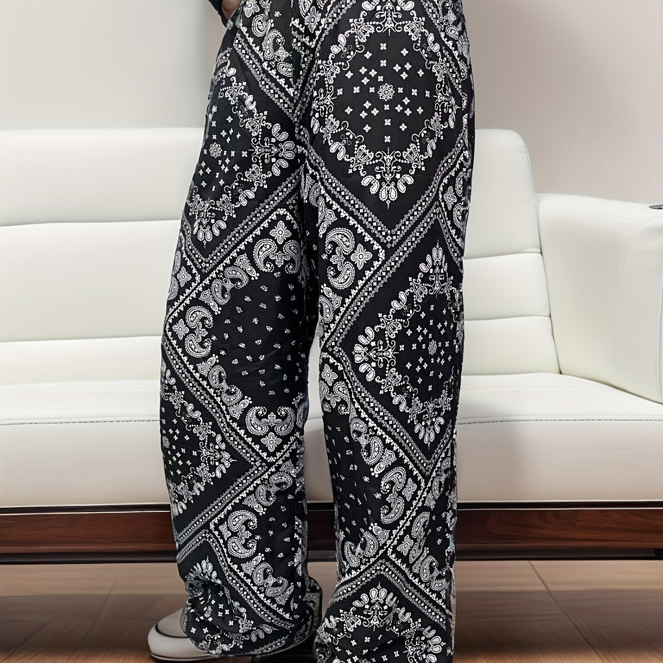  Boho Wide Leg Beach Trousers Elastic Waist Paisley Print Pants