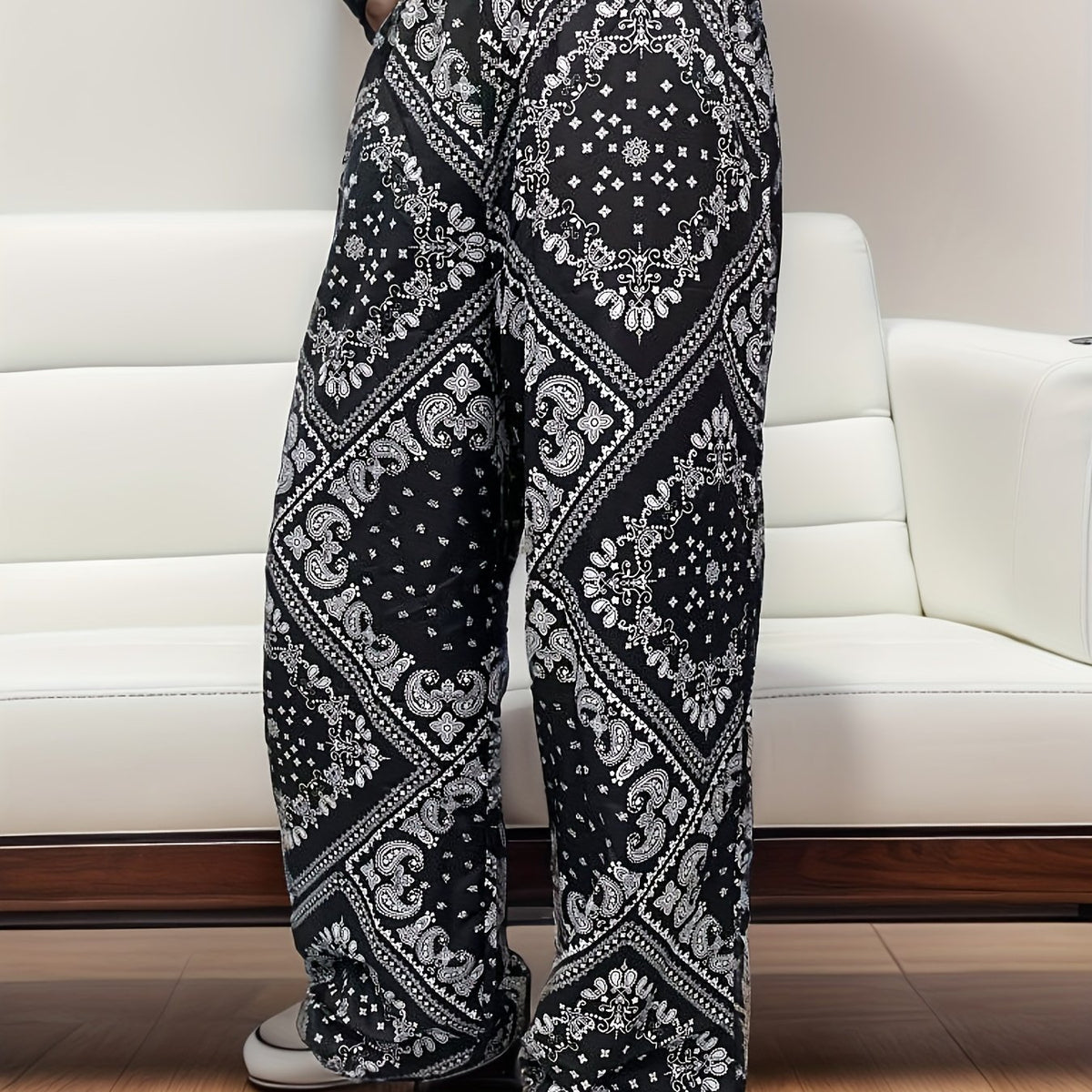  Boho Wide Leg Beach Trousers Elastic Waist Paisley Print Pants