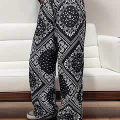  Boho Wide Leg Beach Trousers Elastic Waist Paisley Print Pants