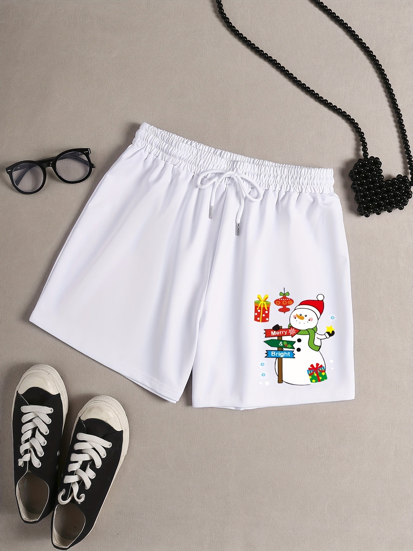 Women's Plus Snowman Print Drawstring Elastic Waist Shorts