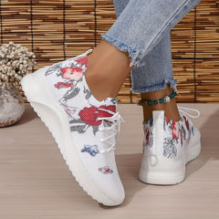 Women's Flower Pattern Platform Sneakers Lace Up Casual Outdoor Shoes