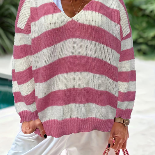  Colorblock Stripe Print V Neck Jumper