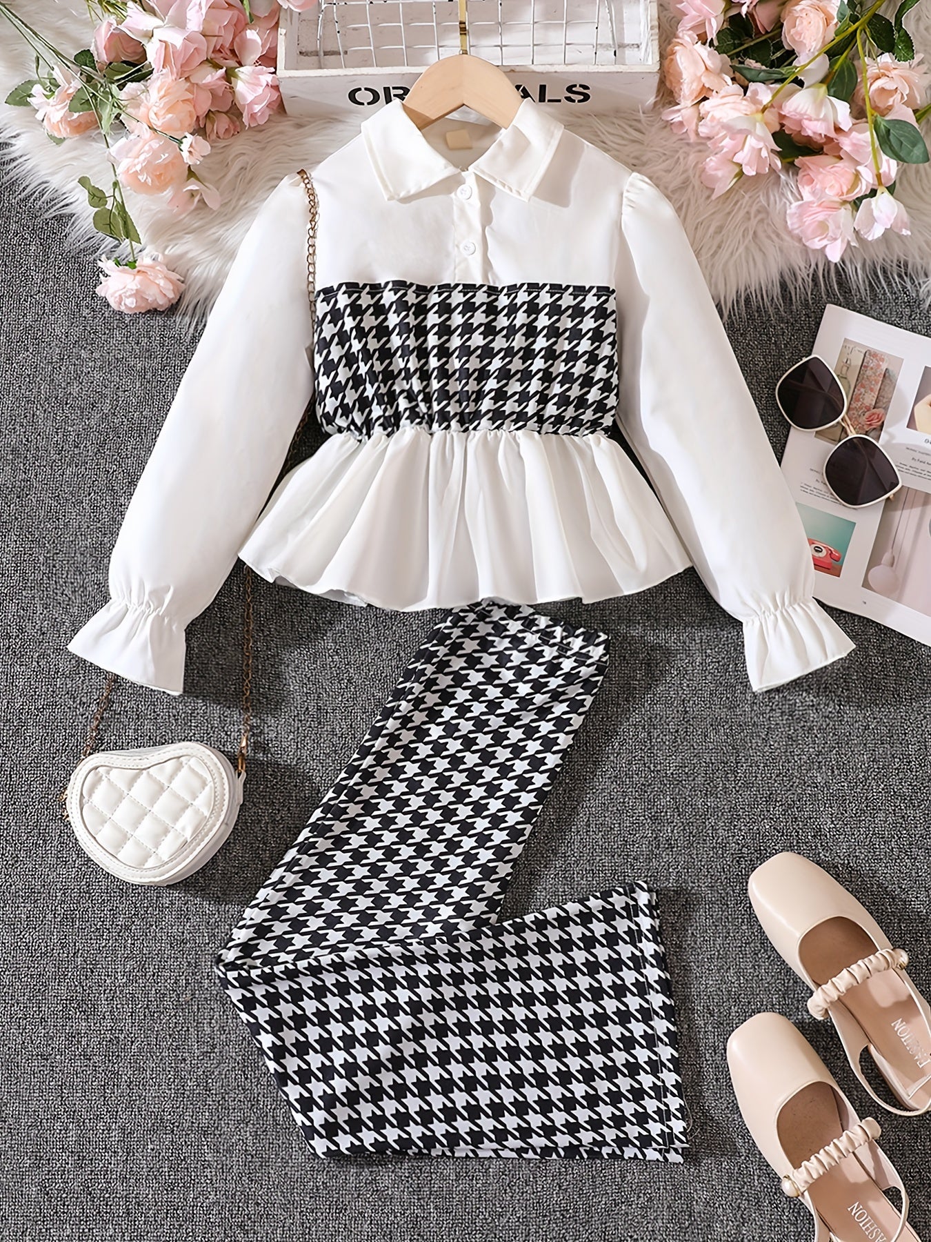 Girl's Houndstooth 2pcs Peplum Shirt & Pants Set