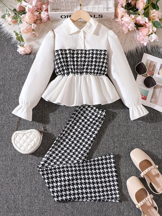 Girl's Houndstooth 2pcs Peplum Shirt & Pants Set