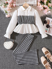 Girl's Houndstooth 2pcs Peplum Shirt & Pants Set