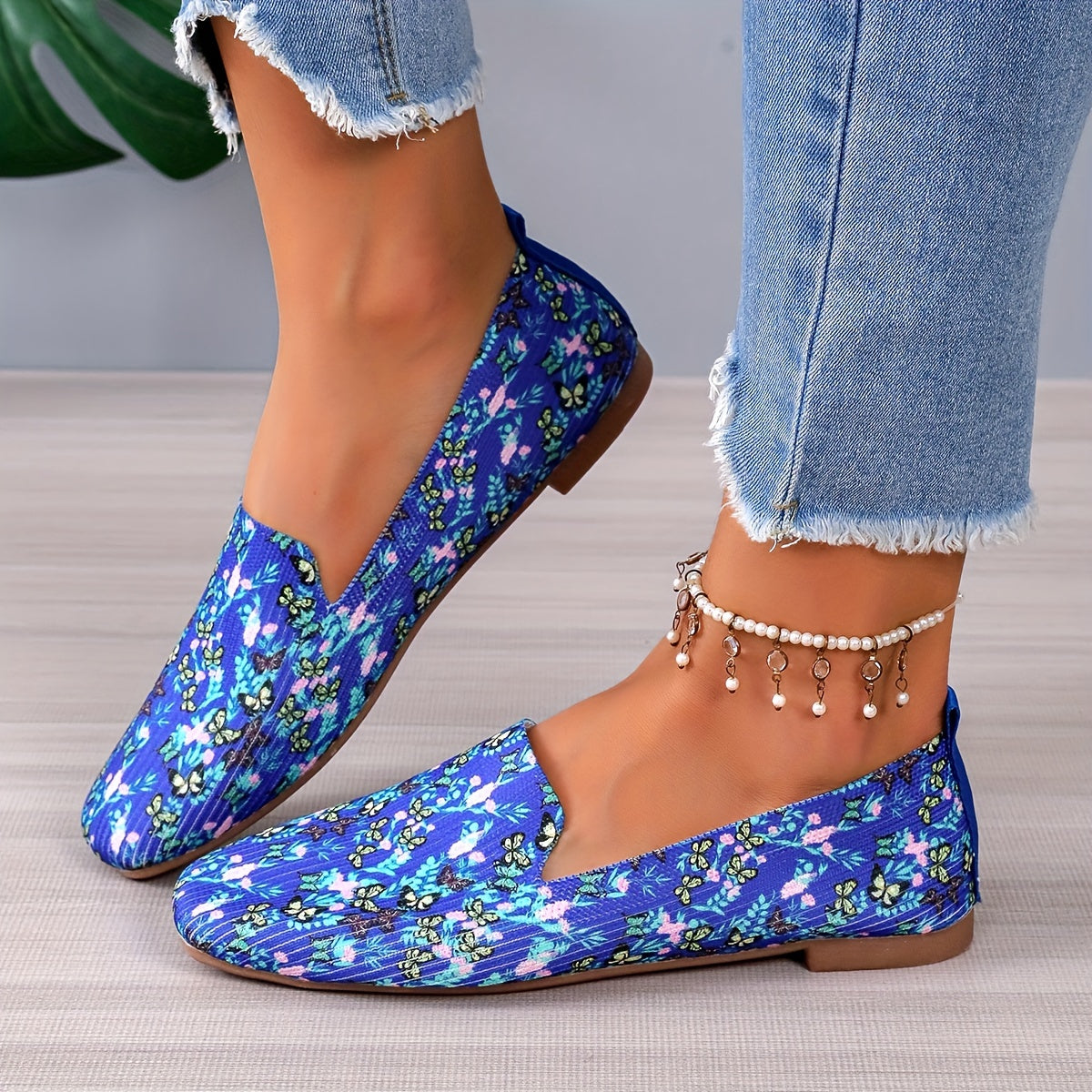 Flower & Butterfly Pattern Flat Shoes Lightweight Slip On Shoes