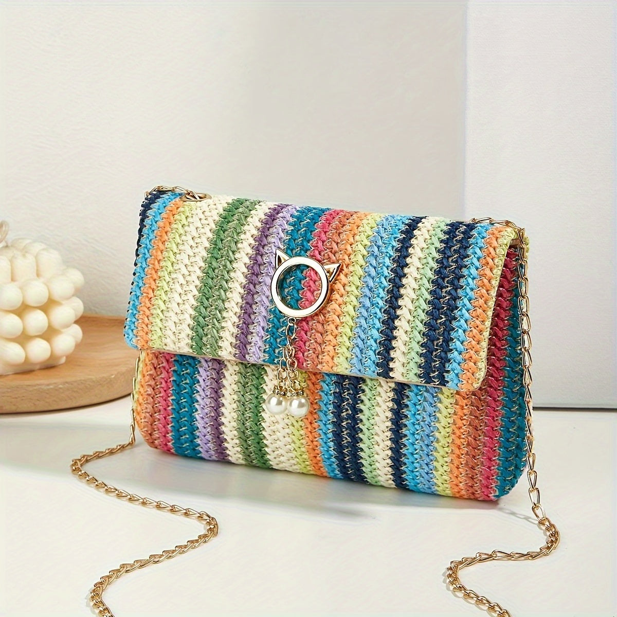 Boho Mini Shoulder Bag Colorful Striped Weave & Chain Strap