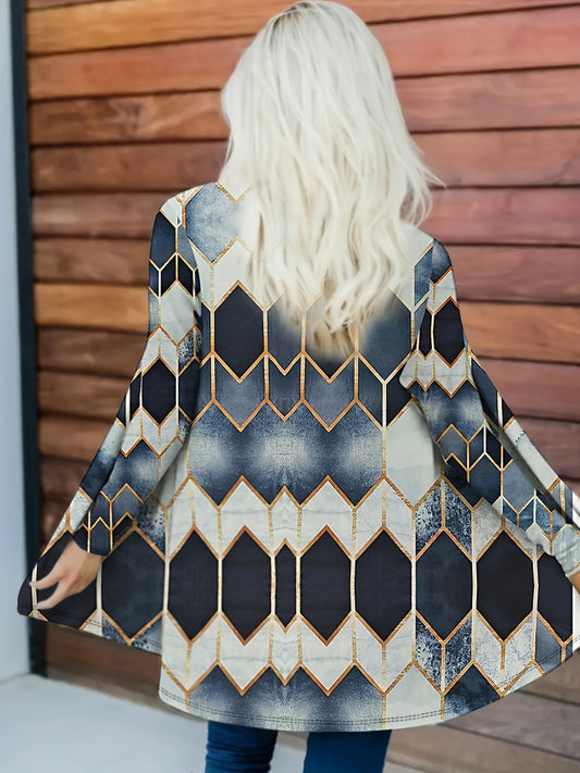 Colorblock Geometric Print Stretch Cardigan