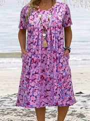  Allover Floral Print Short Sleeve Pleated Dress With Pockets