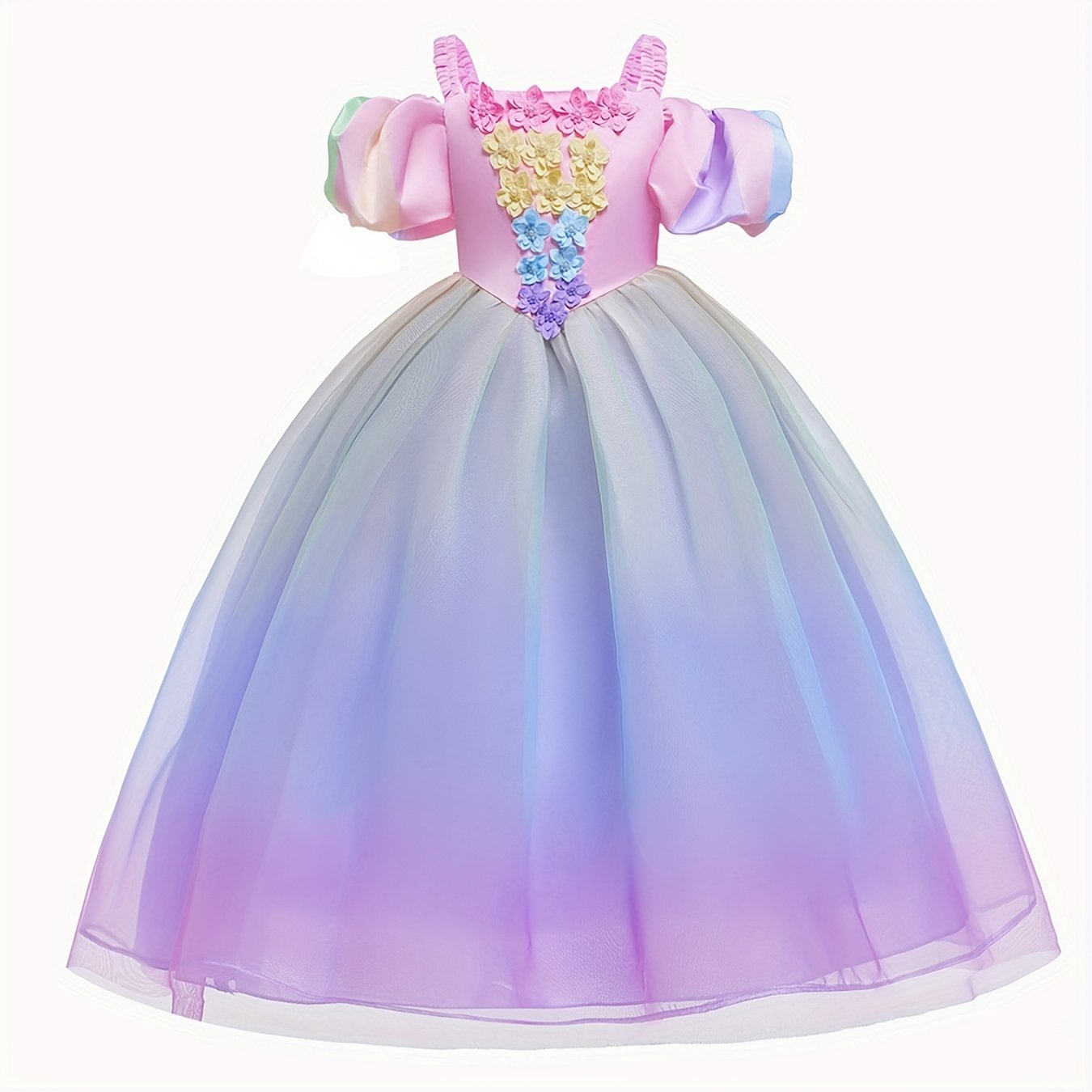 Girls Princess Dress Camisole Puff Sleeve Gradient Tulle Floral Decor